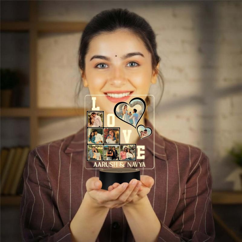 Personalized 3D LED Love Photo Lamp Customized Acrylic Night Light with 8 Photos & Names Anniversary, Wedding, or Valentine’s Day Gift for Couples Warm White Light Tabletop Room Decor